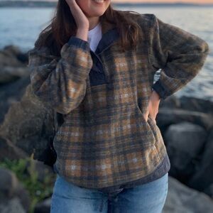 REI Orange and Navy Plaid Pullover Fleece